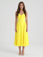 Lemon Stretch Knit A-Line Halter Backless Ankle-Length Bridesmaid Dress with Pleats - Curvevia