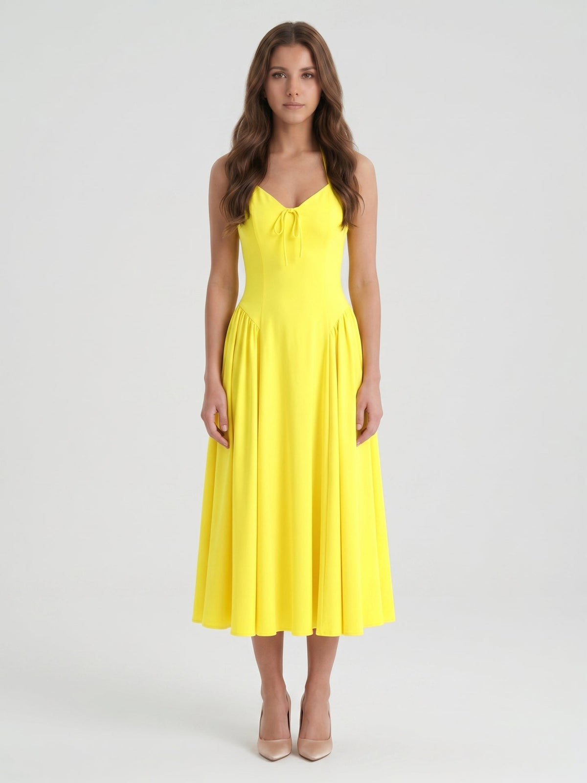 Lemon Stretch Knit A-Line Halter Backless Ankle-Length Bridesmaid Dress with Pleats - Curvevia