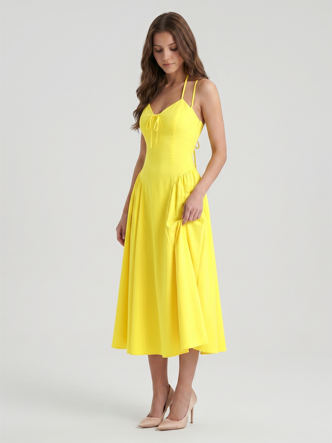 Lemon Stretch Knit A-Line Halter Backless Ankle-Length Bridesmaid Dress with Pleats - Curvevia