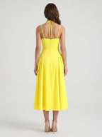 Lemon Stretch Knit A-Line Halter Backless Ankle-Length Bridesmaid Dress with Pleats - Curvevia