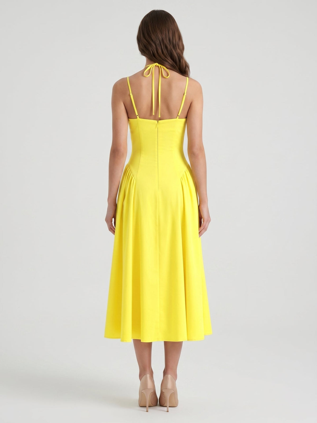 Lemon Stretch Knit A-Line Halter Backless Ankle-Length Bridesmaid Dress with Pleats - Curvevia