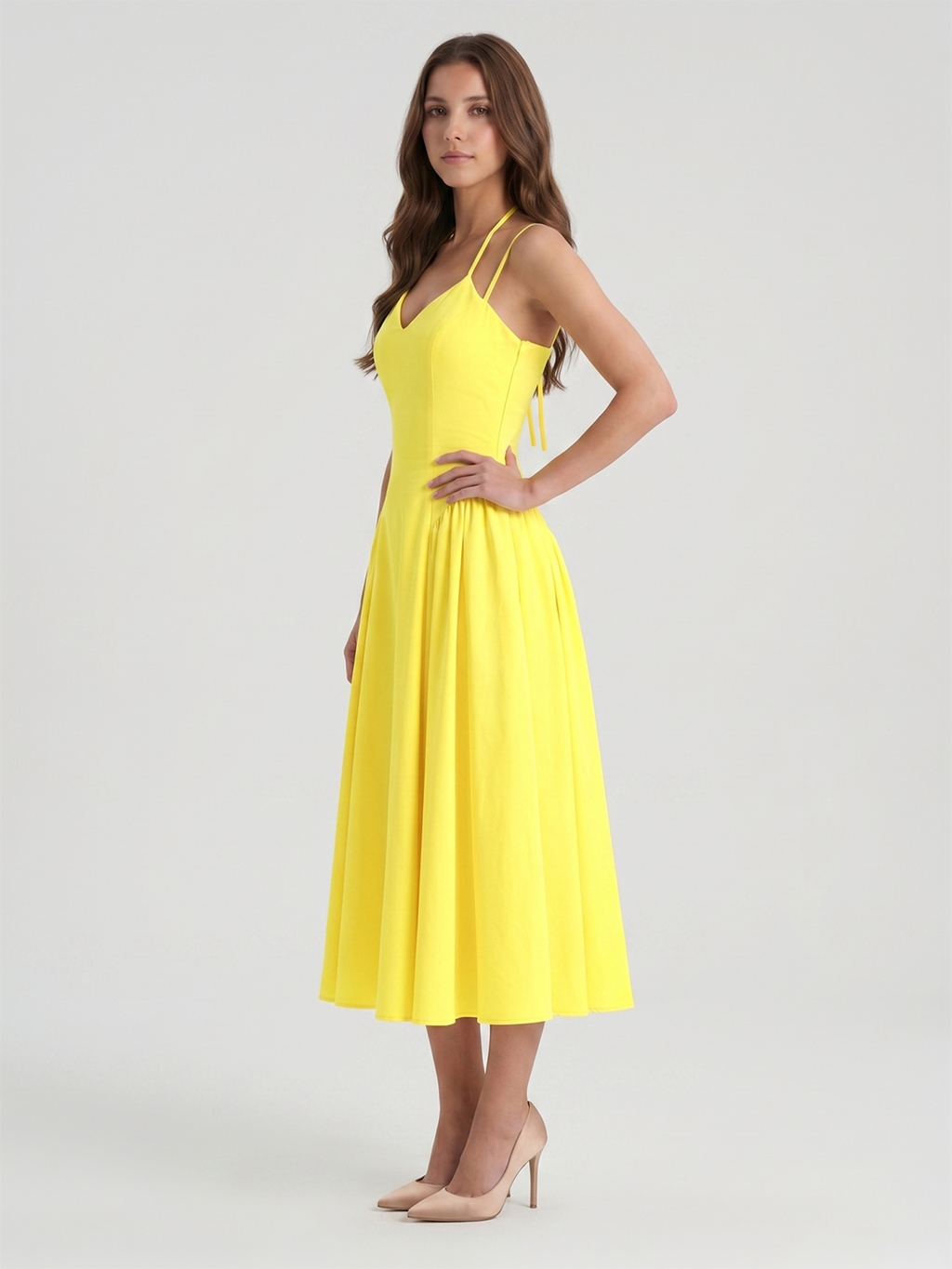 Lemon Stretch Knit A-Line Halter Backless Ankle-Length Bridesmaid Dress with Pleats - Curvevia