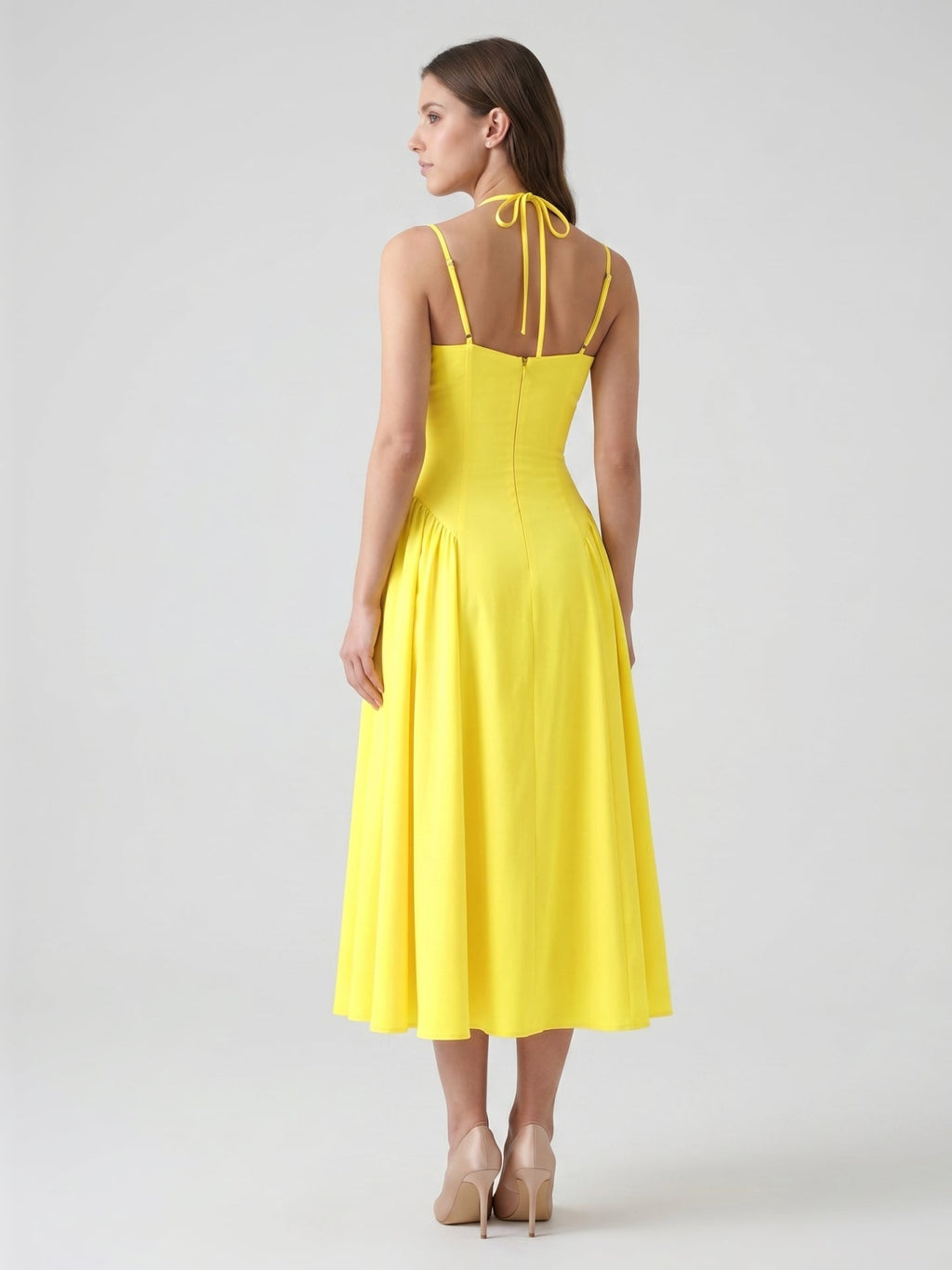 Lemon Stretch Knit A-Line Halter Backless Ankle-Length Bridesmaid Dress with Pleats - Curvevia