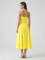 Lemon Stretch Knit A-Line Halter Backless Ankle-Length Bridesmaid Dress with Pleats - Curvevia