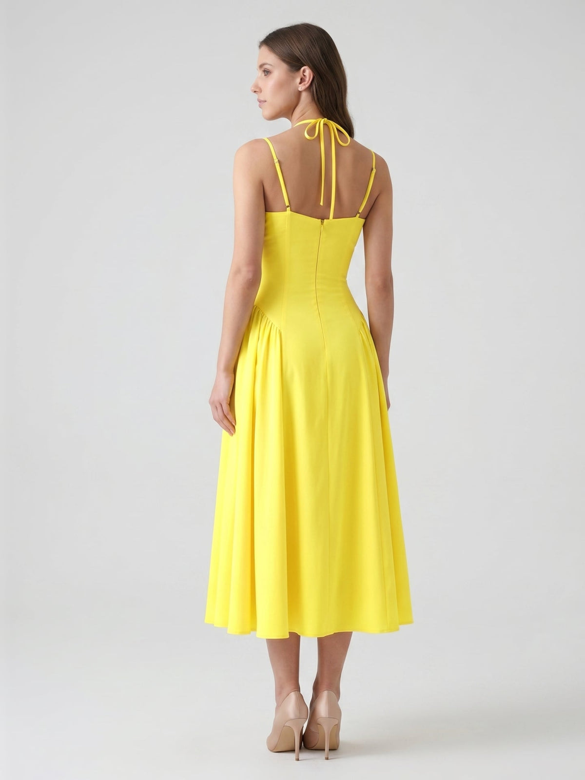 Lemon Stretch Knit A-Line Halter Backless Ankle-Length Bridesmaid Dress with Pleats - Curvevia
