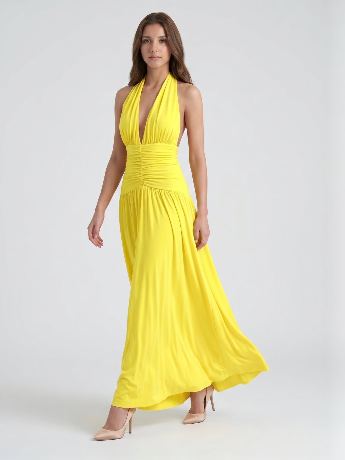 Lemon Stretch Knit A-Line Halter Backless Ankle-Length Bridesmaid Dress with Pleats - Curvevia