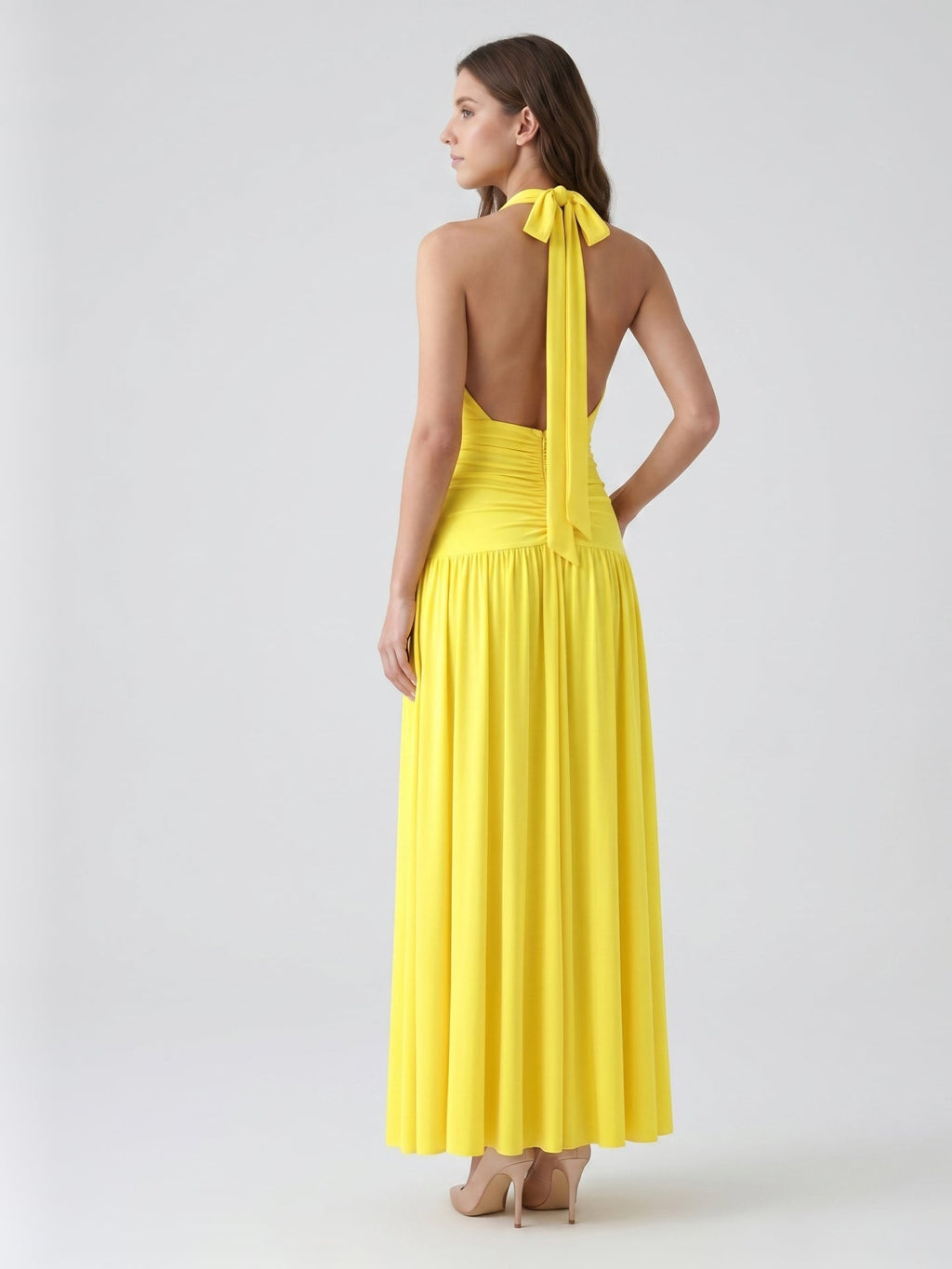 Lemon Stretch Knit A-Line Halter Backless Ankle-Length Bridesmaid Dress with Pleats - Curvevia