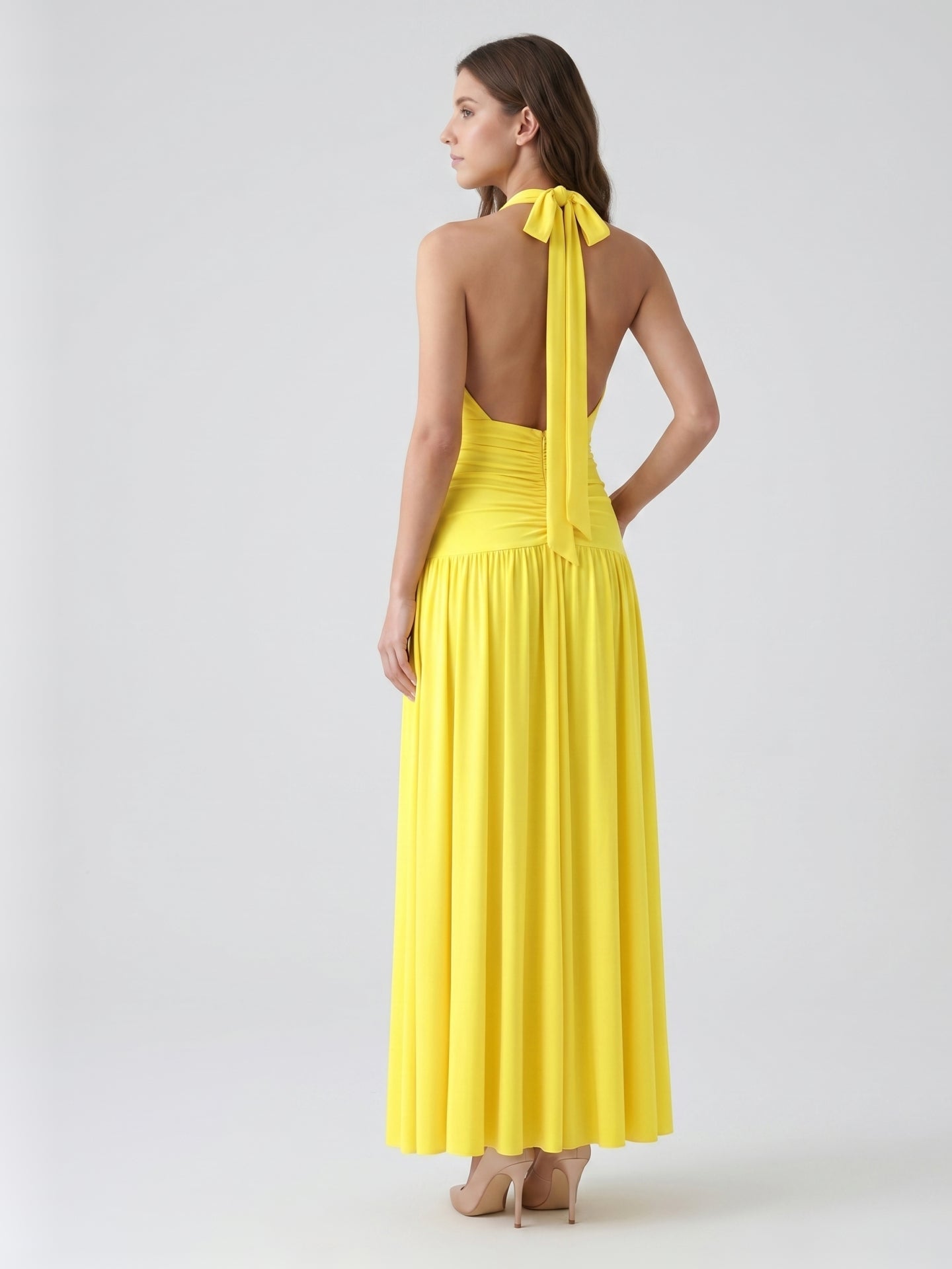 Lemon Stretch Knit A-Line Halter Backless Ankle-Length Bridesmaid Dress with Pleats - Curvevia
