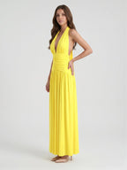 Lemon Stretch Knit A-Line Halter Backless Ankle-Length Bridesmaid Dress with Pleats - Curvevia