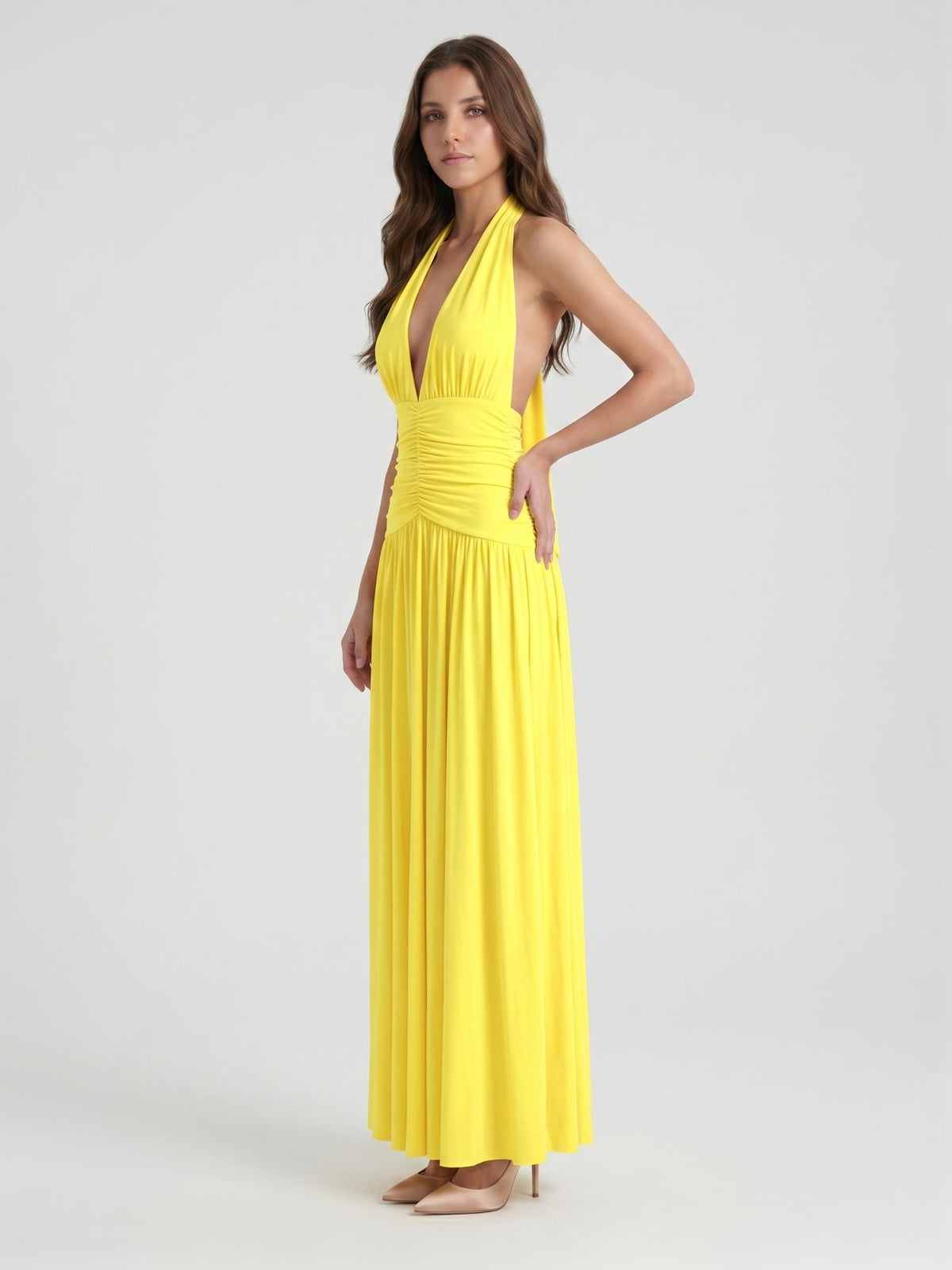 Lemon Stretch Knit A-Line Halter Backless Ankle-Length Bridesmaid Dress with Pleats - Curvevia
