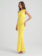 Lemon Stretch Knit Trumpet One Shoulder Backless Ankle-Length Bridesmaid Dress with Pleats - Curvevia