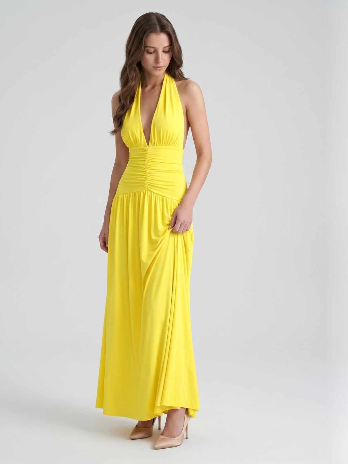 Lemon Stretch Knit A-Line Halter Backless Ankle-Length Bridesmaid Dress with Pleats - Curvevia