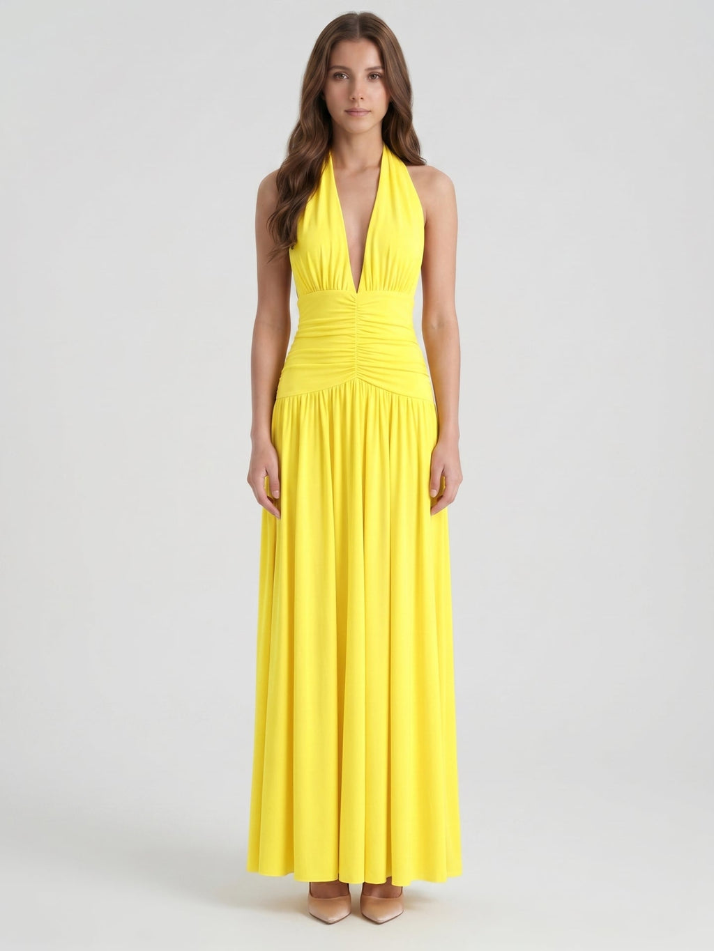 Lemon Stretch Knit A-Line Halter Backless Ankle-Length Bridesmaid Dress with Pleats - Curvevia