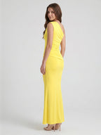 Lemon Stretch Knit Trumpet One Shoulder Backless Ankle-Length Bridesmaid Dress with Pleats - Curvevia