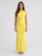 Lemon Stretch Knit Trumpet One Shoulder Backless Ankle-Length Bridesmaid Dress with Pleats - Curvevia