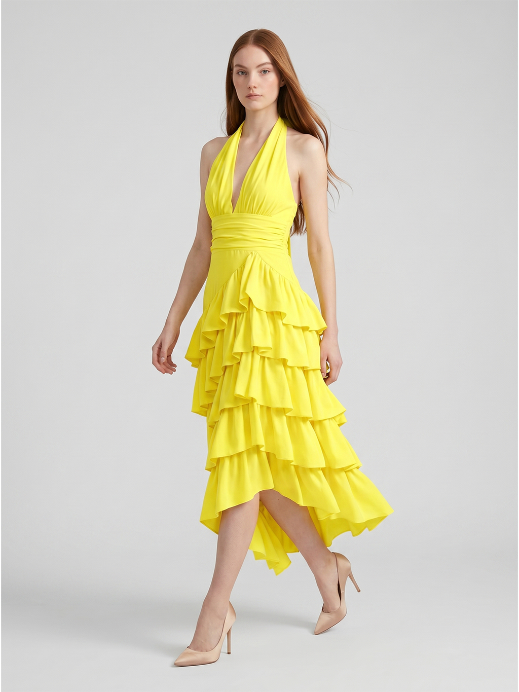 Lemon Stretch Knit A-Line Halter Backless Asymmetrical Bridesmaid Dress with Cascading Ruffles - Curvevia