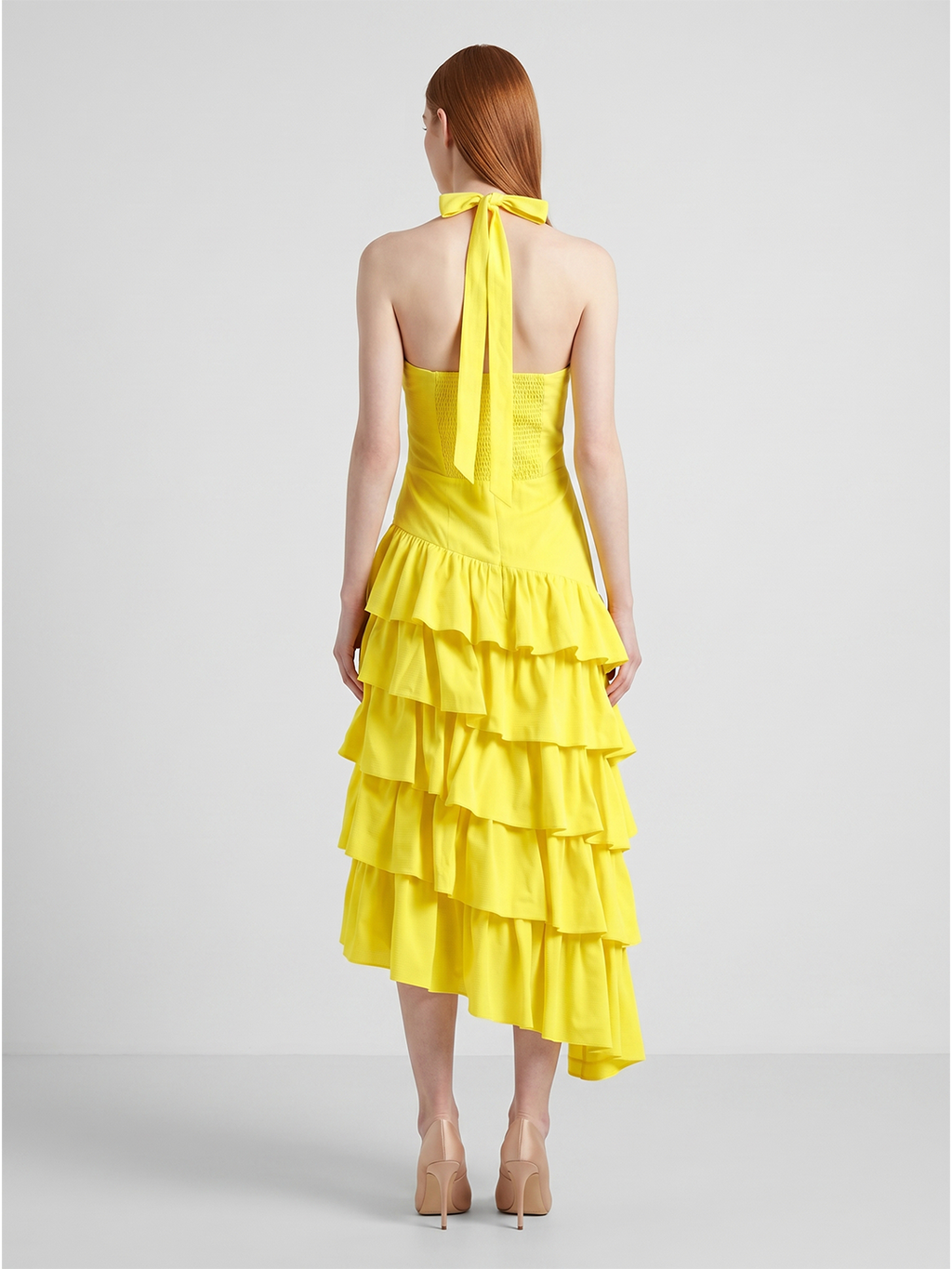 Lemon Stretch Knit A-Line Halter Backless Asymmetrical Bridesmaid Dress with Cascading Ruffles - Curvevia