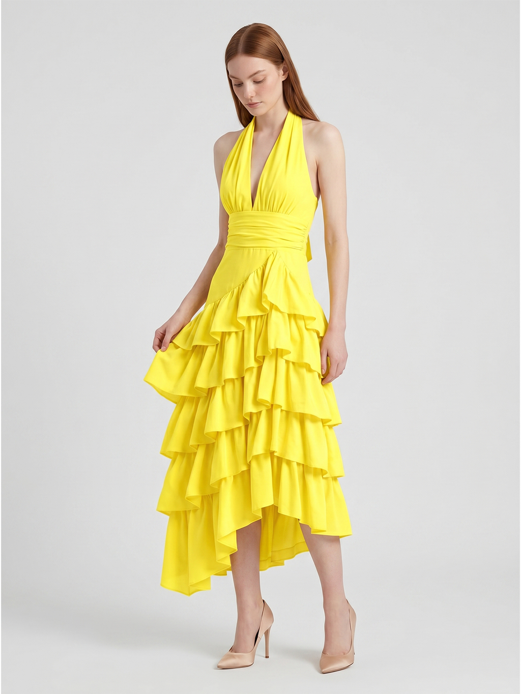 Lemon Stretch Knit A-Line Halter Backless Asymmetrical Bridesmaid Dress with Cascading Ruffles - Curvevia
