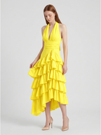 Lemon Stretch Knit A-Line Halter Backless Asymmetrical Bridesmaid Dress with Cascading Ruffles - Curvevia