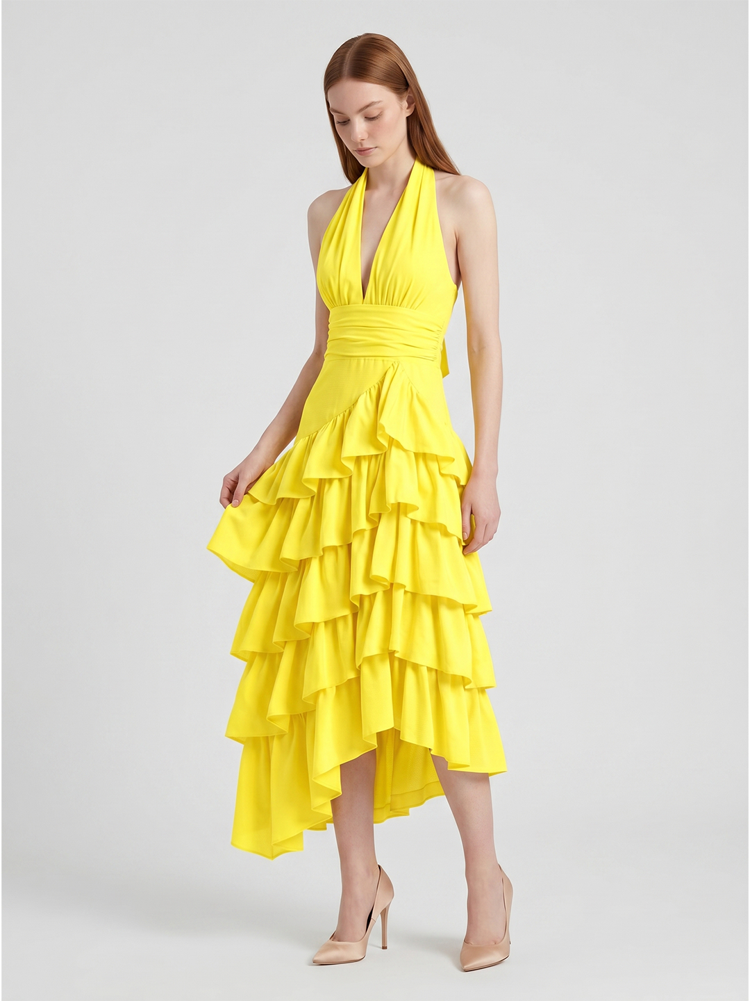 Lemon Stretch Knit A-Line Halter Backless Asymmetrical Bridesmaid Dress with Cascading Ruffles - Curvevia
