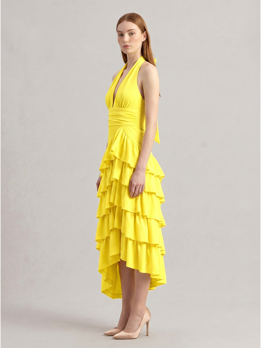 Lemon Stretch Knit A-Line Halter Backless Asymmetrical Bridesmaid Dress with Cascading Ruffles - Curvevia