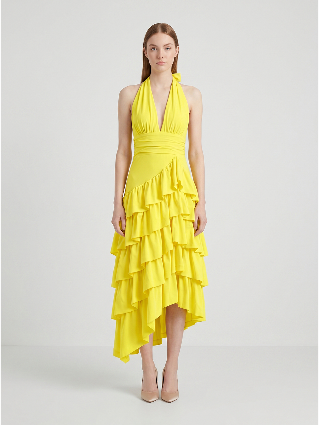 Lemon Stretch Knit A-Line Halter Backless Asymmetrical Bridesmaid Dress with Cascading Ruffles - Curvevia