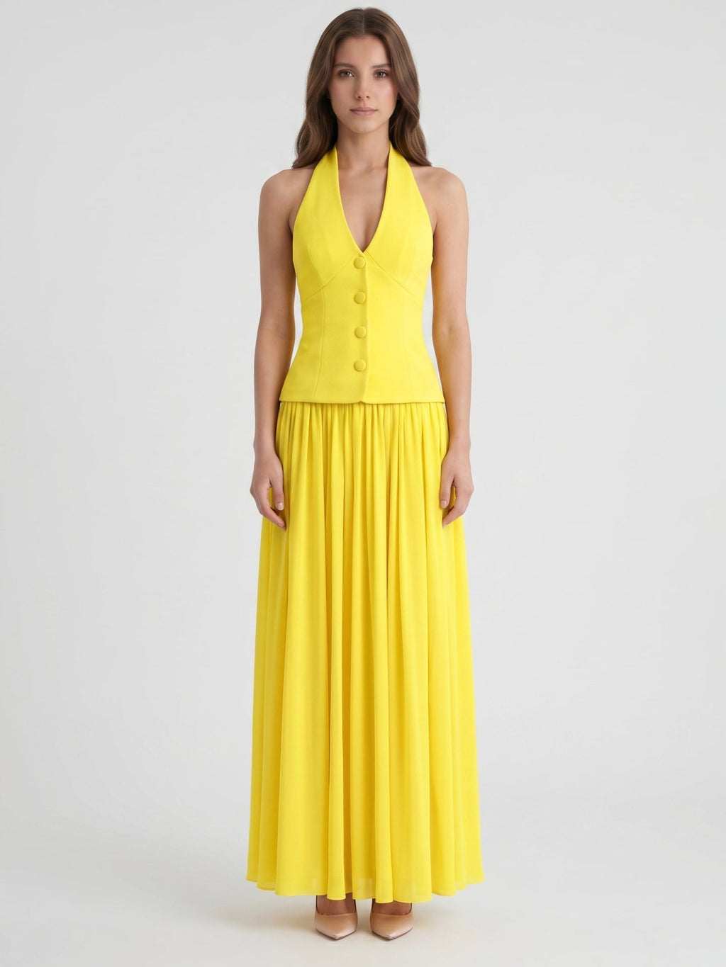 Lemon Stretch Knit A-Line Halter Backless Floor-Length Bridesmaid Dress - Curvevia