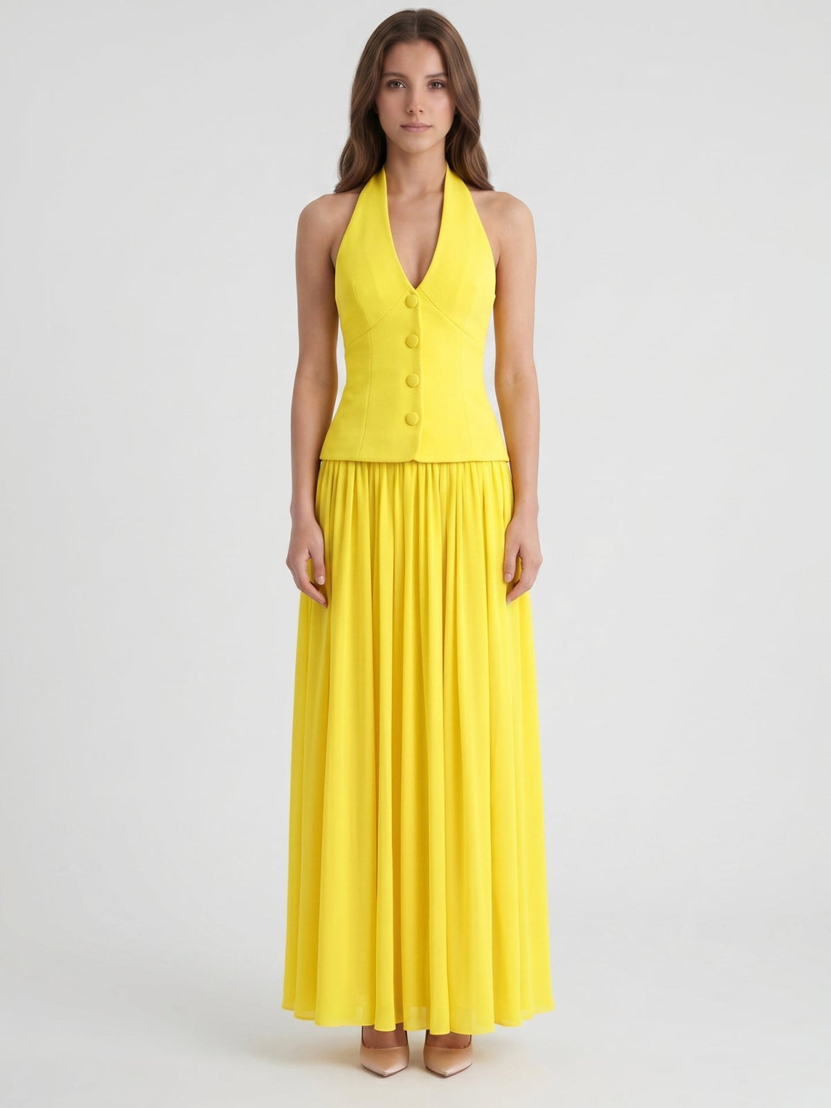 Lemon Stretch Knit A-Line Halter Backless Floor-Length Bridesmaid Dress - Curvevia