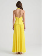 Lemon Stretch Knit A-Line Halter Backless Floor-Length Bridesmaid Dress - Curvevia