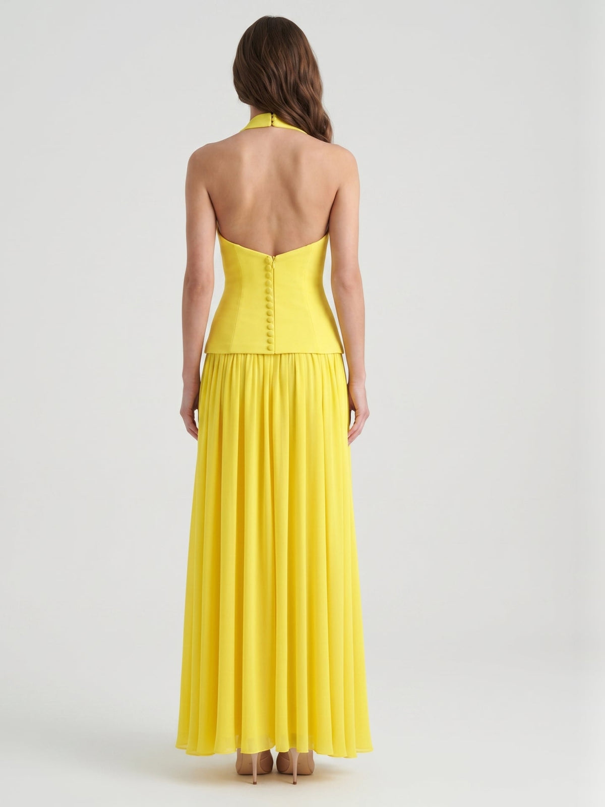 Lemon Stretch Knit A-Line Halter Backless Floor-Length Bridesmaid Dress - Curvevia