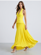 Lemon Stretch Knit A-Line Halter Backless Floor-Length Bridesmaid Dress - Curvevia