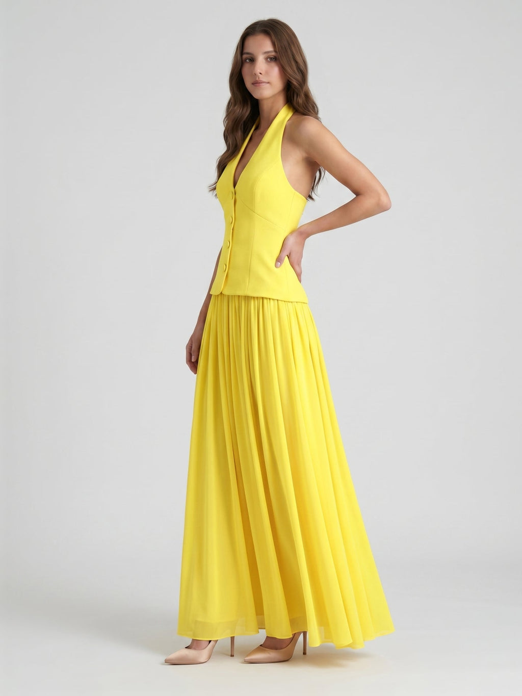 Lemon Stretch Knit A-Line Halter Backless Floor-Length Bridesmaid Dress - Curvevia