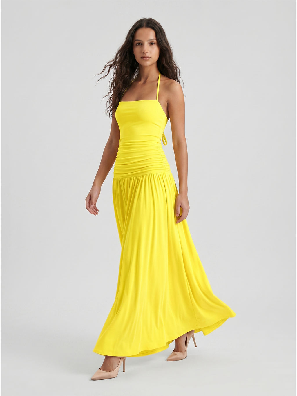 Lemon Stretch Knit A-Line Halter Backless Floor-Length Bridesmaid Dress with Pleats - Curvevia