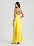 Lemon Stretch Knit A-Line Halter Backless Floor-Length Bridesmaid Dress with Pleats - Curvevia