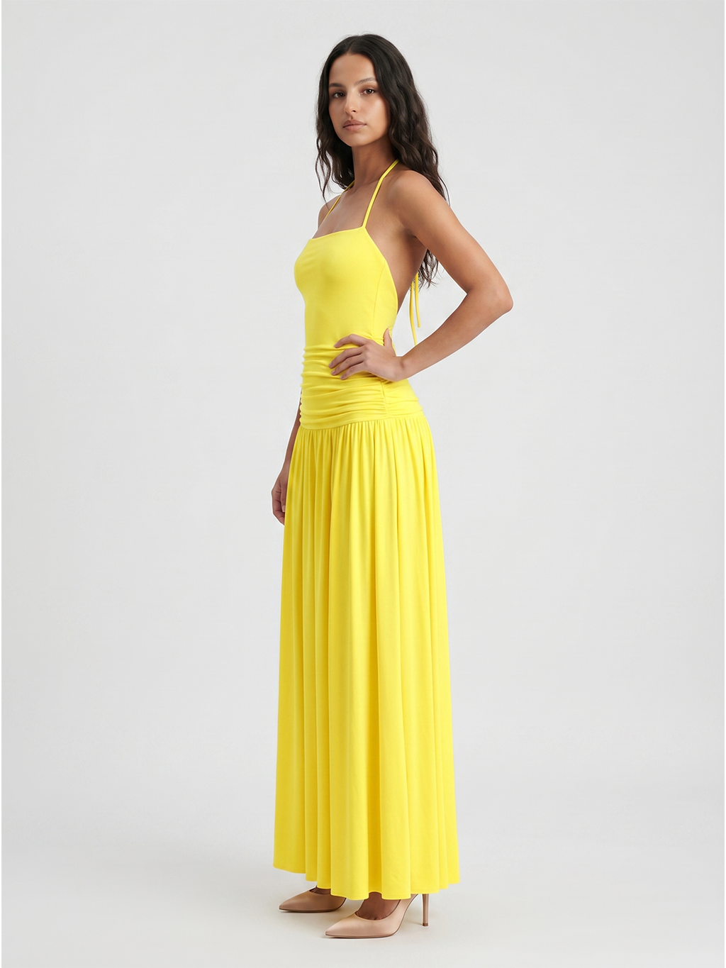 Lemon Stretch Knit A-Line Halter Backless Floor-Length Bridesmaid Dress with Pleats - Curvevia