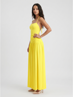 Lemon Stretch Knit A-Line Halter Backless Floor-Length Bridesmaid Dress with Pleats - Curvevia