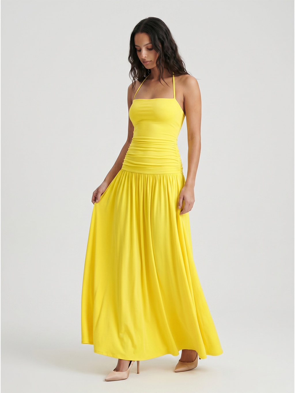 Lemon Stretch Knit A-Line Halter Backless Floor-Length Bridesmaid Dress with Pleats - Curvevia