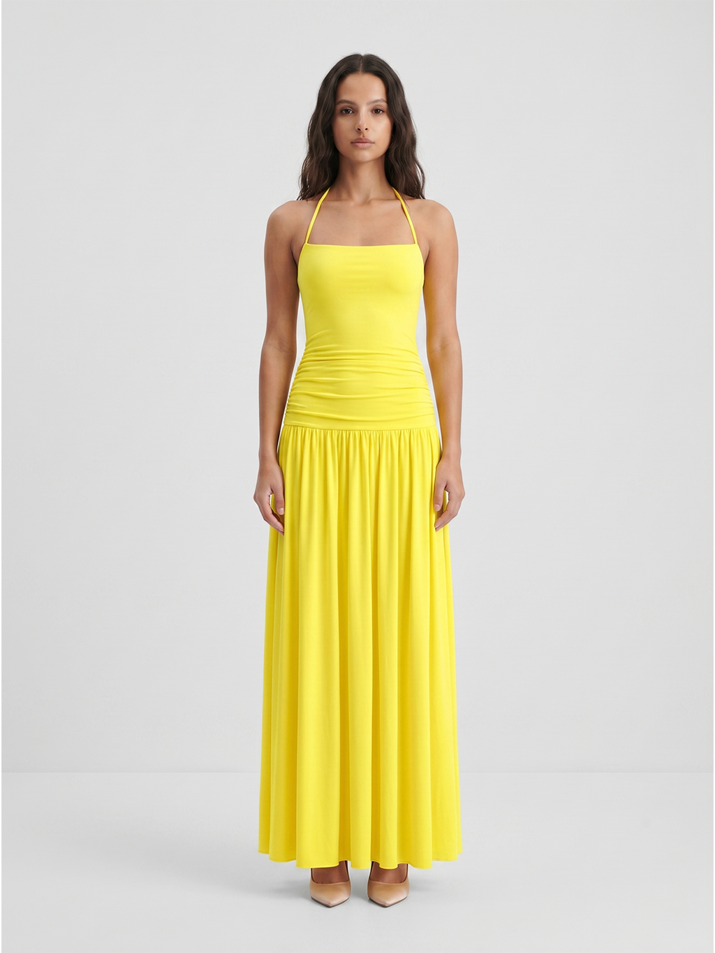 Lemon Stretch Knit A-Line Halter Backless Floor-Length Bridesmaid Dress with Pleats - Curvevia