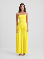 Lemon Stretch Knit A-Line Halter Backless Floor-Length Bridesmaid Dress with Pleats - Curvevia