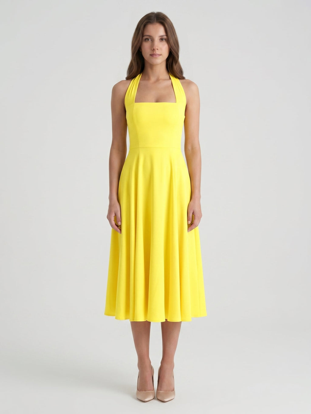Lemon Stretch Knit A-Line Halter Backless Knee-Length Bridesmaid Dress - Curvevia