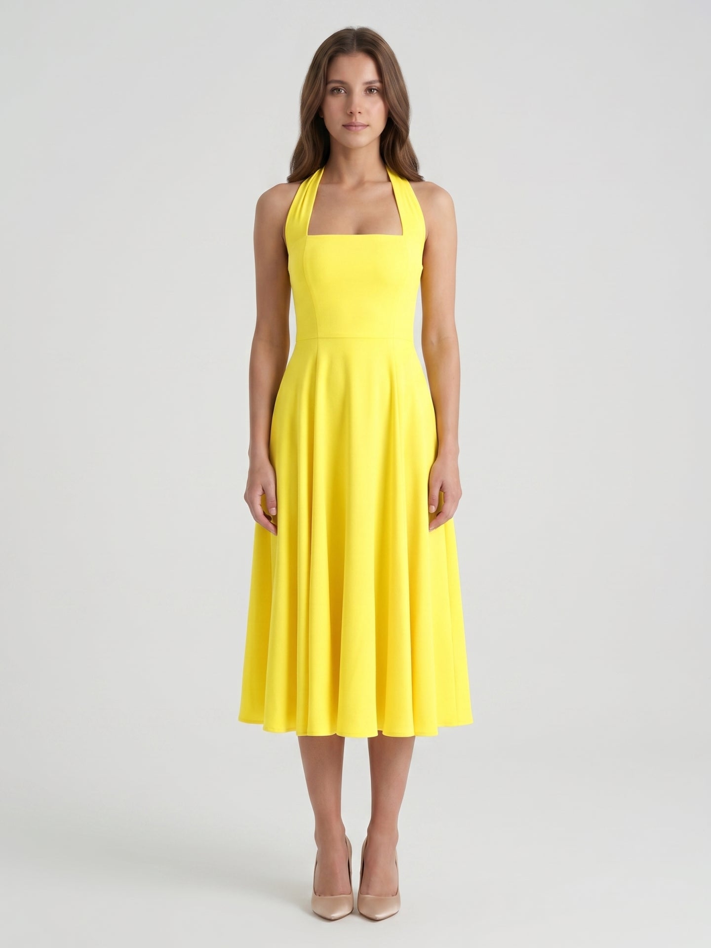 Lemon Stretch Knit A-Line Halter Backless Knee-Length Bridesmaid Dress - Curvevia