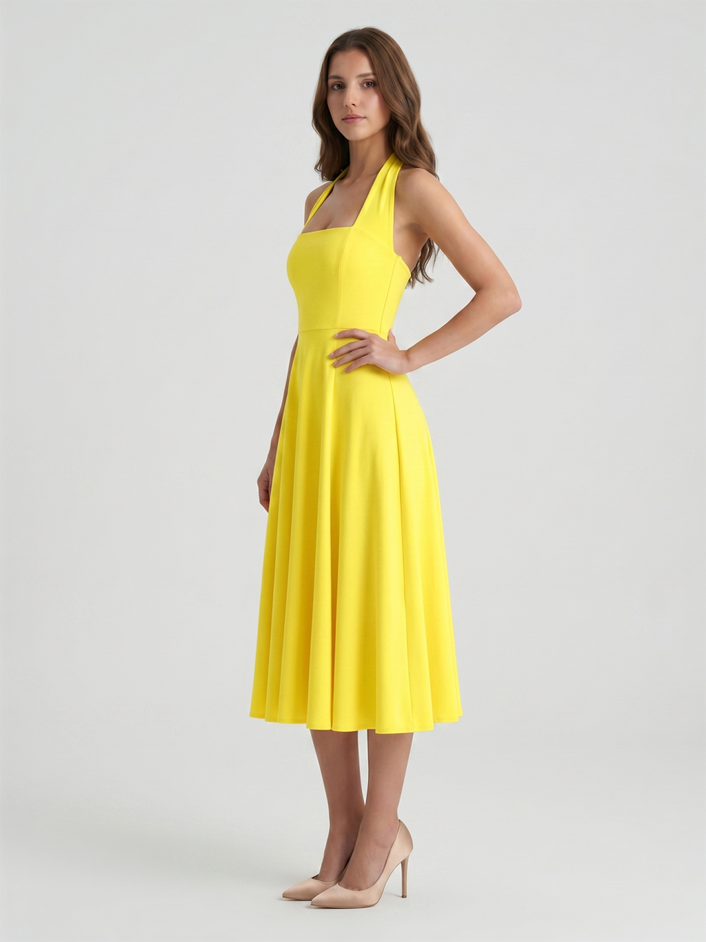 Lemon Stretch Knit A-Line Halter Backless Knee-Length Bridesmaid Dress - Curvevia
