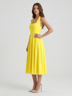 Lemon Stretch Knit A-Line Halter Backless Knee-Length Bridesmaid Dress - Curvevia