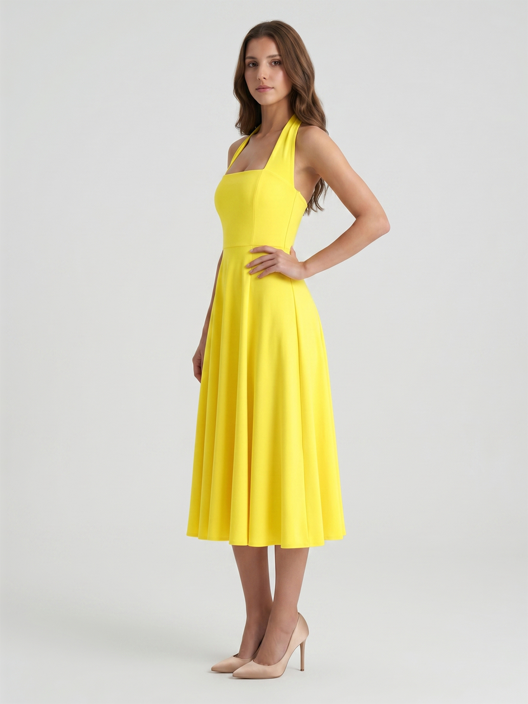 Lemon Stretch Knit A-Line Halter Backless Knee-Length Bridesmaid Dress - Curvevia