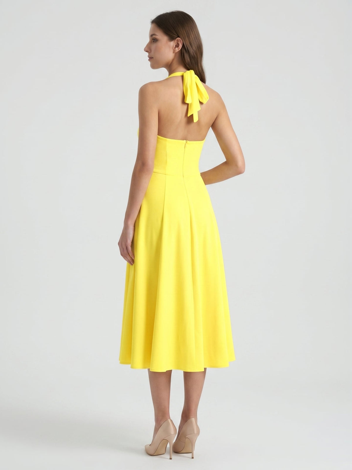 Lemon Stretch Knit A-Line Halter Backless Knee-Length Bridesmaid Dress - Curvevia