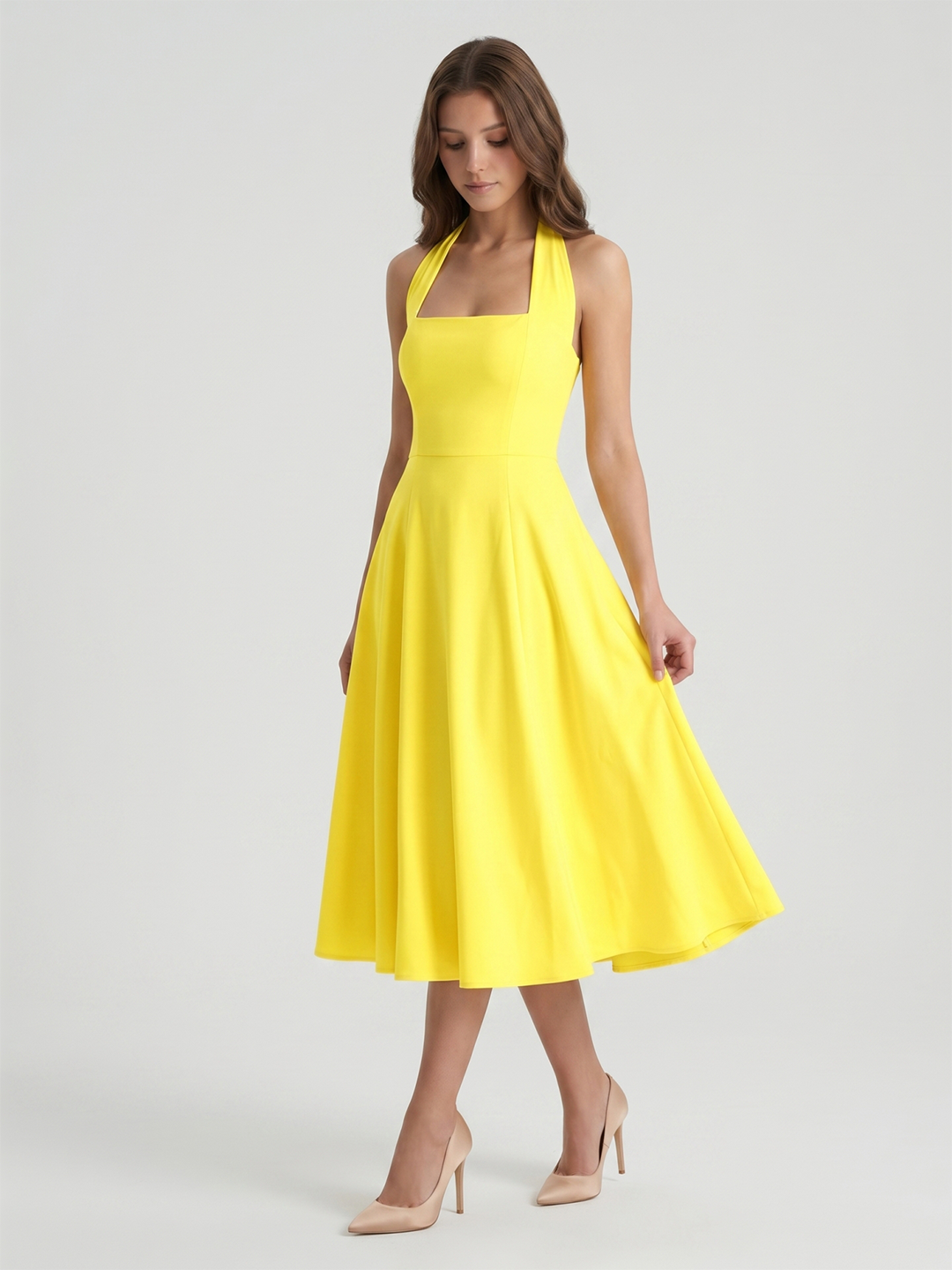 Lemon Stretch Knit A-Line Halter Backless Knee-Length Bridesmaid Dress - Curvevia