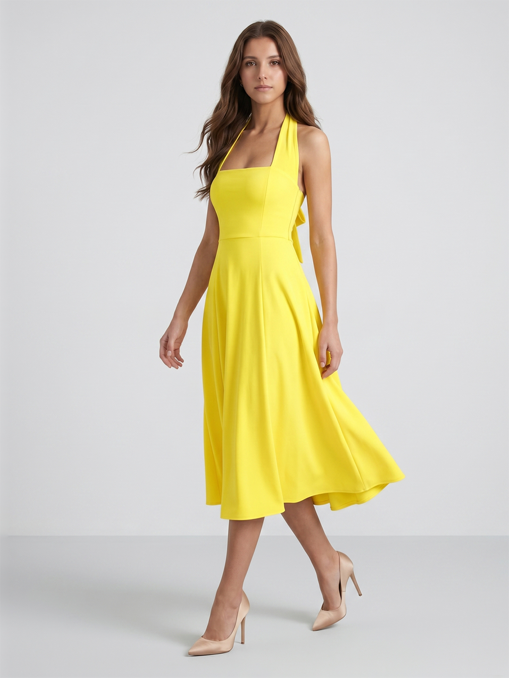 Lemon Stretch Knit A-Line Halter Backless Knee-Length Bridesmaid Dress - Curvevia