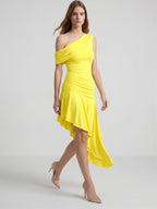 Lemon Stretch Knit A-Line One Shoulder Backless Asymmetrical Bridesmaid Dress with Pleats - Curvevia