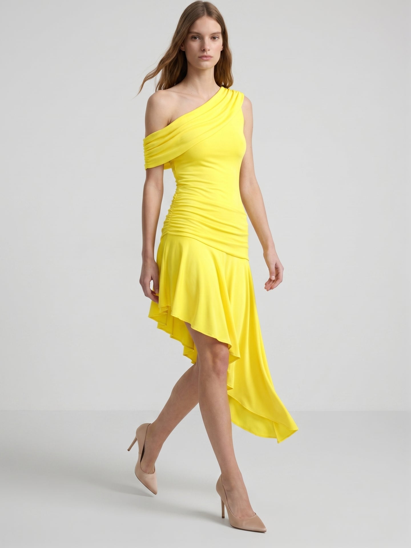 Lemon Stretch Knit A-Line One Shoulder Backless Asymmetrical Bridesmaid Dress with Pleats - Curvevia