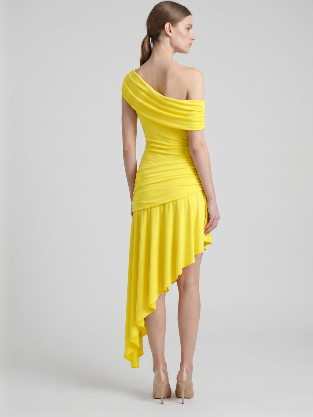 Lemon Stretch Knit A-Line One Shoulder Backless Asymmetrical Bridesmaid Dress with Pleats - Curvevia